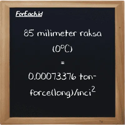 85 milimeter raksa (0<sup>o</sup>C) setara dengan 0.00073376 ton-force(long)/inci<sup>2</sup> (85 mmHg setara dengan 0.00073376 LT f/in<sup>2</sup>)